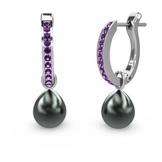 Melinda İnci Küpe - Ametist ve siyah inci 18 ayar beyaz altın küpe #88gc1b