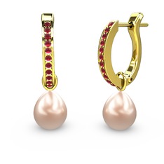 Melinda İnci Küpe - Kök yakut ve pembe inci 14 ayar altın küpe #e3kodh