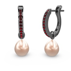 Garnet ve pembe inci 925 ayar siyah rodyum kaplama gümüş küpe