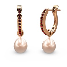 Garnet ve pembe inci 14 ayar rose altın küpe