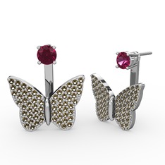 Rodolit garnet ve dumanlı kuvars 14 ayar beyaz altın küpe