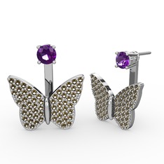 Ametist ve dumanlı kuvars 8 ayar beyaz altın küpe