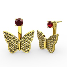 Garnet ve dumanlı kuvars 18 ayar altın küpe