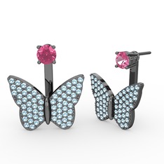 Mesa Kelebek Küpe - Pembe kuvars ve akuamarin 925 ayar siyah rodyum kaplama gümüş küpe #1tu3nlu