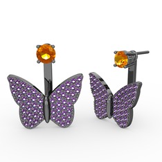 Mesa Kelebek Küpe - Sitrin ve ametist 925 ayar siyah rodyum kaplama gümüş küpe #1wo831f