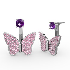 Mesa Kelebek Küpe - Ametist ve pembe kuvars 18 ayar beyaz altın küpe #298pzr