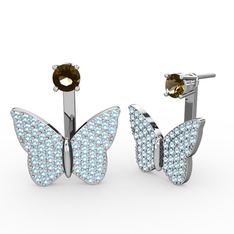 Dumanlı kuvars ve akuamarin 18 ayar beyaz altın küpe