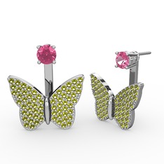 Mesa Kelebek Küpe - Pembe kuvars ve peridot 18 ayar beyaz altın küpe #54xmq5