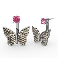 Pembe kuvars ve dumanlı kuvars 8 ayar beyaz altın küpe