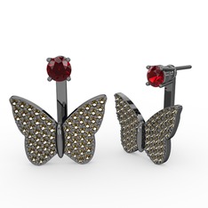 Garnet ve dumanlı kuvars 925 ayar siyah rodyum kaplama gümüş küpe