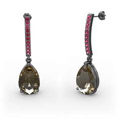 Merinda Damla Küpe - Dumanlı kuvars ve rodolit garnet 925 ayar siyah rodyum kaplama gümüş küpe #1j52t1b