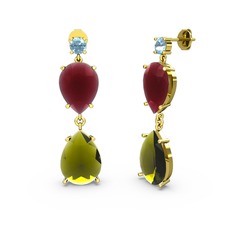 Akuamarin, peridot ve kök yakut 14 ayar altın küpe