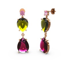 Lena Damla Küpe - Pembe kuvars, rodolit garnet ve peridot 18 ayar rose altın küpe #115uua3