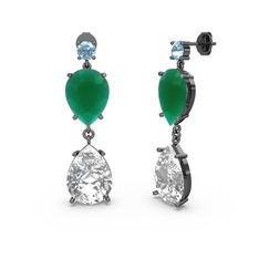 Lena Damla Küpe - Akuamarin, beyaz zirkon ve kök zümrüt 925 ayar siyah rodyum kaplama gümüş küpe #11f0nix