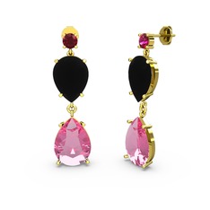 Lena Damla Küpe - Rodolit garnet, pembe kuvars ve siyah zirkon 8 ayar altın küpe #11pcnz9