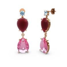 Lena Damla Küpe - Akuamarin, pembe kuvars ve kök yakut 14 ayar rose altın küpe #11sz2g