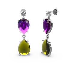 Swarovski, peridot ve ametist 14 ayar beyaz altın küpe