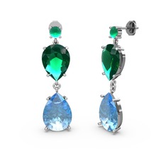 Lena Damla Küpe - Kök zümrüt, akuamarin ve yeşil kuvars 18 ayar beyaz altın küpe #11z54ac