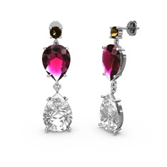 Dumanlı kuvars, swarovski ve rodolit garnet 14 ayar beyaz altın küpe