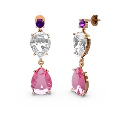 Ametist, pembe kuvars ve beyaz zirkon 18 ayar rose altın küpe