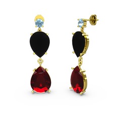 Akuamarin, garnet ve siyah zirkon 14 ayar altın küpe