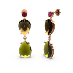 Rodolit garnet, peridot ve dumanlı kuvars 18 ayar rose altın küpe