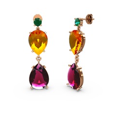 Lena Damla Küpe - Yeşil kuvars, rodolit garnet ve sitrin 18 ayar rose altın küpe #12kayog