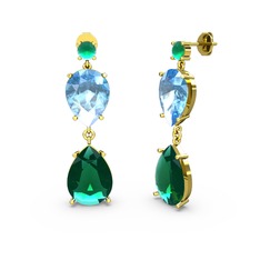 Lena Damla Küpe - Kök zümrüt, yeşil kuvars ve akuamarin 14 ayar altın küpe #1371zdj