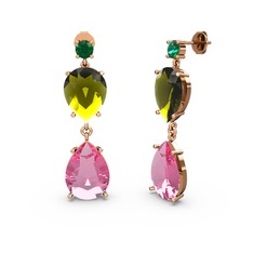 Yeşil kuvars, pembe kuvars ve peridot 18 ayar rose altın küpe