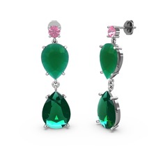 Lena Damla Küpe - Pembe kuvars, yeşil kuvars ve kök zümrüt 8 ayar beyaz altın küpe #13gx06y