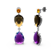 Lena Damla Küpe - Sitrin, ametist ve dumanlı kuvars 925 ayar gümüş küpe #13h7y3m