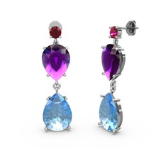 Lena Damla Küpe - Rodolit garnet, akuamarin ve ametist 14 ayar beyaz altın küpe #13mewu