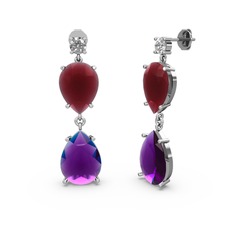 Lena Damla Küpe - Beyaz zirkon, ametist ve kök yakut 8 ayar beyaz altın küpe #13oicks