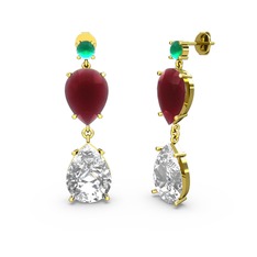 Kök zümrüt, swarovski ve kök yakut 18 ayar altın küpe