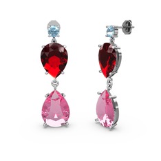 Lena Damla Küpe - Akuamarin, pembe kuvars ve garnet 8 ayar beyaz altın küpe #149p705
