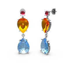 Lena Damla Küpe - Kök yakut, akuamarin ve sitrin 8 ayar beyaz altın küpe #14eh1sm