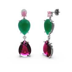Lena Damla Küpe - Pembe kuvars, rodolit garnet ve kök zümrüt 925 ayar gümüş küpe #14f97eq