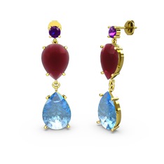 Lena Damla Küpe - Ametist, akuamarin ve kök yakut 18 ayar altın küpe #14gy6hx