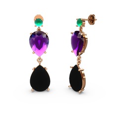 Kök zümrüt, siyah zirkon ve ametist 8 ayar rose altın küpe