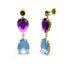 Lena Damla Küpe - Dumanlı kuvars, akuamarin ve ametist 18 ayar altın küpe #15fhd1v