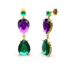 Kök zümrüt, yeşil kuvars ve ametist 8 ayar altın küpe