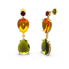 Lena Damla Küpe - Garnet, peridot ve sitrin 8 ayar altın küpe #16lhm16