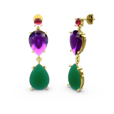 Kök yakut, kök zümrüt ve ametist 18 ayar altın küpe