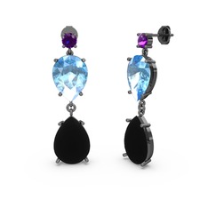 Lena Damla Küpe - Ametist, siyah zirkon ve akuamarin 925 ayar siyah rodyum kaplama gümüş küpe #179akrv