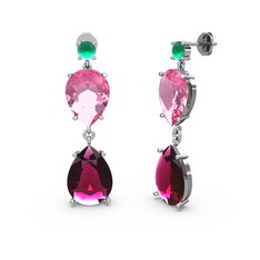 Kök zümrüt, rodolit garnet ve pembe kuvars 925 ayar gümüş küpe