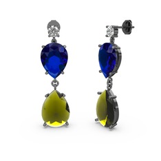 Lena Damla Küpe - Swarovski, peridot ve lab safir 925 ayar siyah rodyum kaplama gümüş küpe #17l1gza