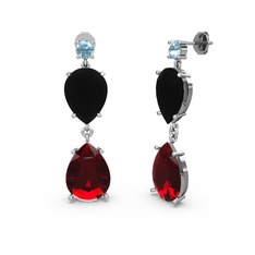 Akuamarin, garnet ve siyah zirkon 8 ayar beyaz altın küpe