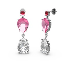 Kök yakut, beyaz zirkon ve pembe kuvars 18 ayar beyaz altın küpe