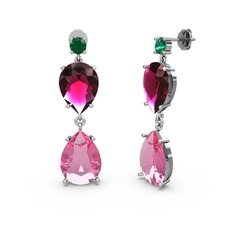 Yeşil kuvars, pembe kuvars ve rodolit garnet 14 ayar beyaz altın küpe