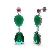 Lena Damla Küpe - Kök yakut, yeşil kuvars ve kök zümrüt 8 ayar beyaz altın küpe #19bxtsx